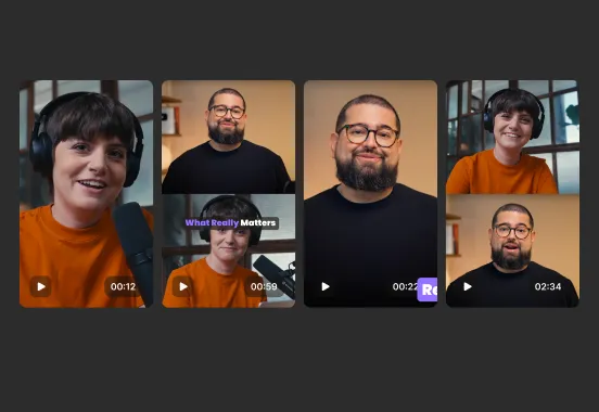 Collage of five video thumbnails showing a woman with short dark hair wearing headphones and an orange sweater, and a bearded man with glasses in a black shirt, both speaking.